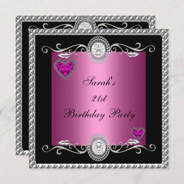 Invitation Élégant 21e anniversaire Pink Black Heart Jewel (Devant / Derrière)