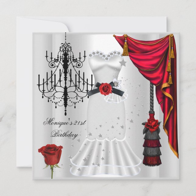 Invitation Elégant 21e Anniversaire Rose Rouge Blanc Noir (Devant)