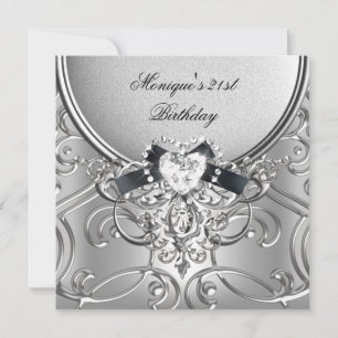 Invitation Élégant 21ème anniversaire de fête Argent Black Di