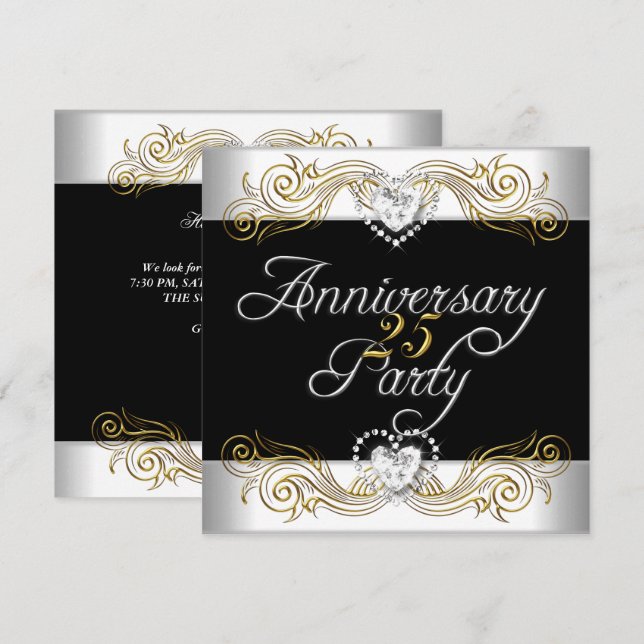 Invitation Élégant 25e Anniversaire Argent Blanc Diamant (Devant / Derrière)
