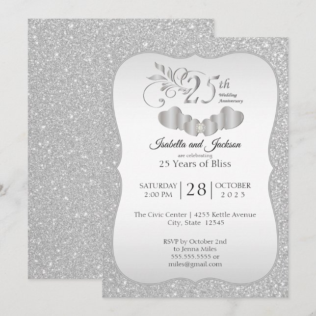 Invitation Élégant 25e Anniversaire Argent Paillettes (Devant / Derrière)