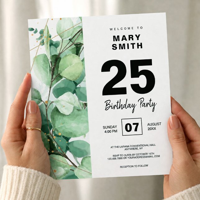 Invitation Élégant 25e Anniversaire avec Eucalyptus Aquarelle (Créateur téléchargé)