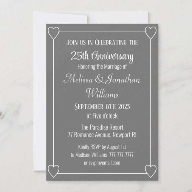 Invitation Élégant 25e anniversaire Coeurs romantiques Argent (Devant)