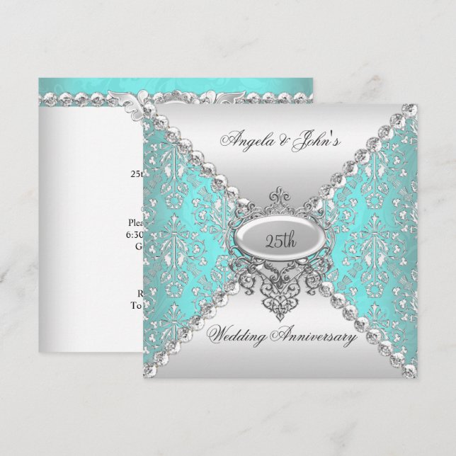 Invitation Élégant 25e Anniversaire de Mariage Bleu Sarcelle  (Devant / Derrière)