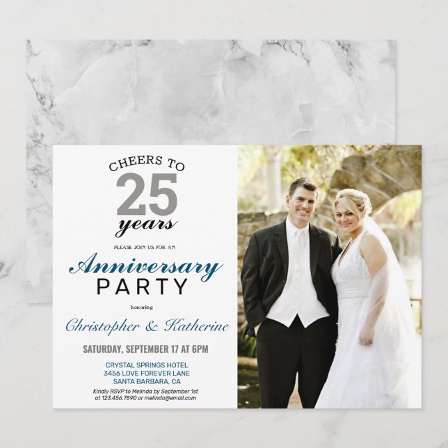 Invitation Élégant 25e anniversaire de Mariage en argent (Devant / Derrière)