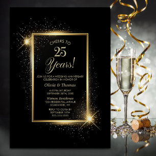 Invitation Élégant 25e anniversaire de Mariage noir et or