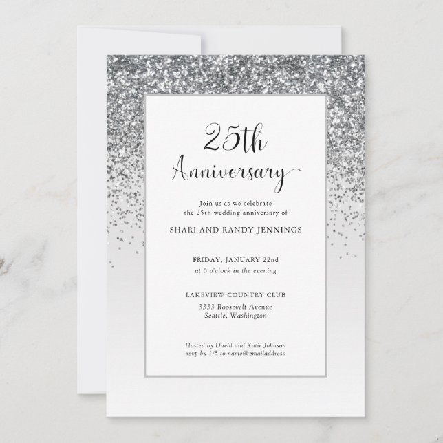 Invitation Élégant 25e Anniversaire de Mariage Paillettes Arg (Devant)