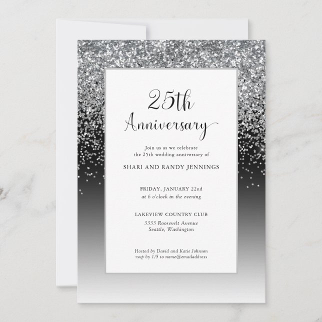 Invitation Élégant 25e anniversaire Mariage d'étincelle d'arg (Devant)