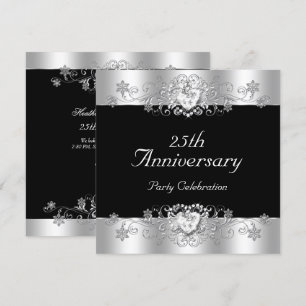 Invitation Élégant 25e Anniversaire Noir Argent Blanc