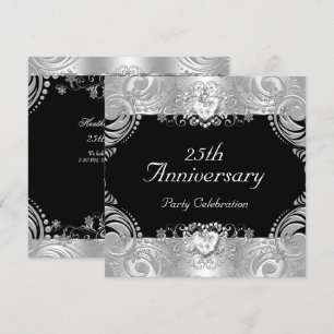 Invitation Élégant 25e Anniversaire Noir Argent Blanc 2