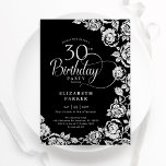 Invitation Élégant 30e anniversaire Black Silver Roses<br><div class="desc">Invitation de fête de 30e anniversaire en argent noir. Design élégant avec rose, faux feuille d'argent et police de script de typographie. Carte invitation tendance parfaite pour une célébration anniversaire élégante. Peut être customisé à n'importe quel âge. Personnalisez avec vos propres détails. Invitations Zazzle imprimées ou téléchargement instantané modèle imprimable...</div>