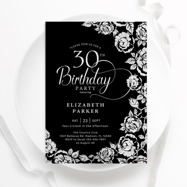 Invitation Élégant 30e anniversaire Black Silver Roses (Créateur téléchargé)