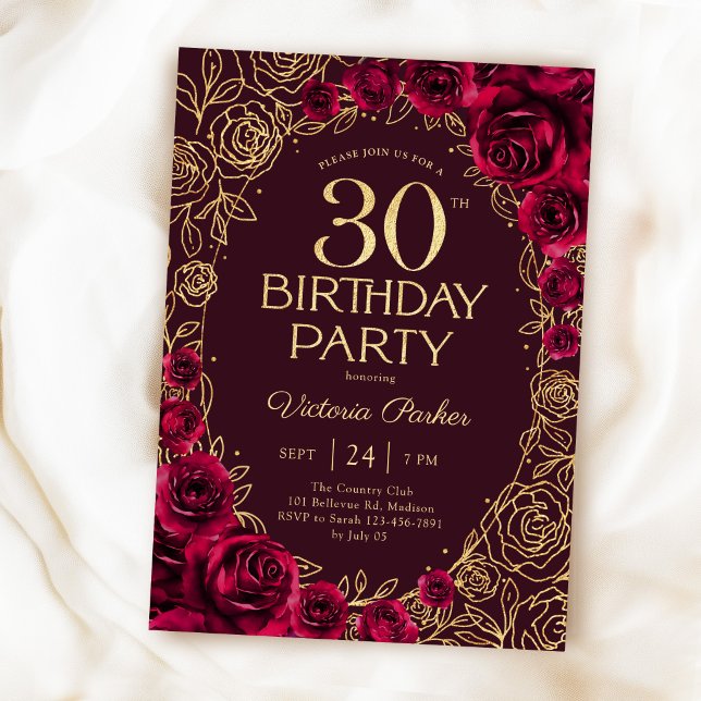 Invitation Élégant 30e Anniversaire Bordeaux & Or Floral (Créateur téléchargé)