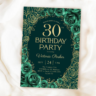 Invitation Élégant 30e Anniversaire Émeraude Vert Or Floral