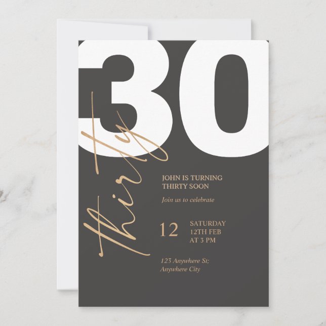 Invitation Élégant 30e anniversaire noir et or (Devant)
