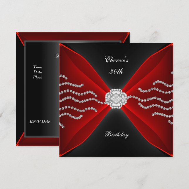 Invitation Elégant 30e Anniversaire Noir Rouge Rich Diamant 2 (Devant / Derrière)