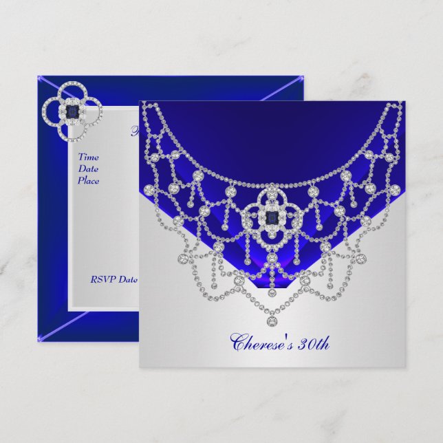 Invitation Elégant 30e anniversaire Rich Royal Bleu Argent Bl (Devant / Derrière)
