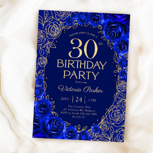 Invitation Élégant 30e Anniversaire Royal Bleu Or Floral