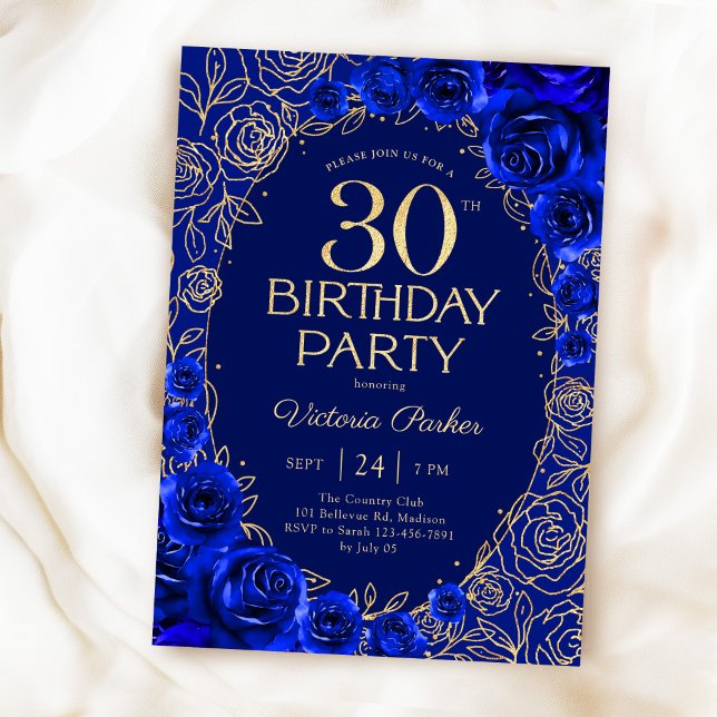 Invitation Élégant 30e Anniversaire Royal Bleu Or Floral (Créateur téléchargé)