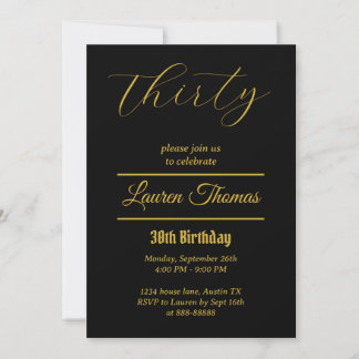 Invitation Elégant 30e anniversaire Trente Simple Noir et Or