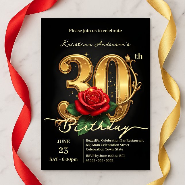 Invitation Élégant 30ème avec Fleur de Rose Rouge (Créateur téléchargé)