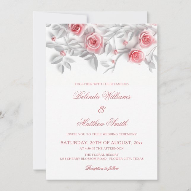 Invitation  Elegant 3D Roses White Floral Wedding (Devant)