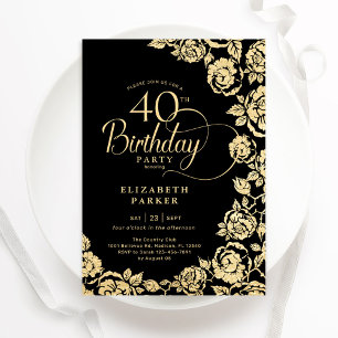 Invitation Élégant 40e anniversaire Black Gold Roses