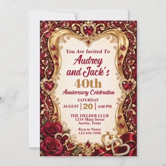 Invitation Élégant 40e anniversaire de rubis (Devant)