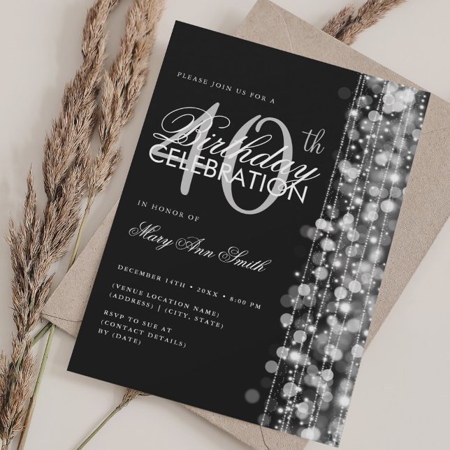 Invitation Élégant 40e anniversaire Glam étincelles Silver Bl (Elegant 40th Birthday Glam Sparkles Silver Black Invitation)