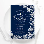 Invitation Elégant 40e anniversaire Marine Roses d'argent<br><div class="desc">Invitation à la fête d'anniversaire de 40e anniversaire à floral d'argent de la Marine. Design élégant avec rose, faux feuille d'argent et police de script de typographie. Carte invitation tendance parfaite pour une célébration anniversaire élégante. Peut être customisé à n'importe quel âge. Personnalisez avec vos propres détails. Invitations Zazzle imprimées...</div>
