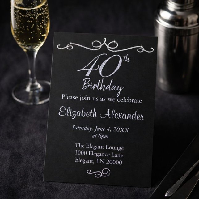 Invitation Elégant 40e anniversaire noir et argent (Créateur téléchargé)