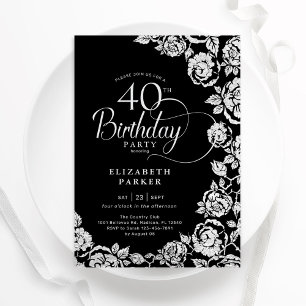 Invitation Élégant 40e anniversaire Noir Roses d'argent