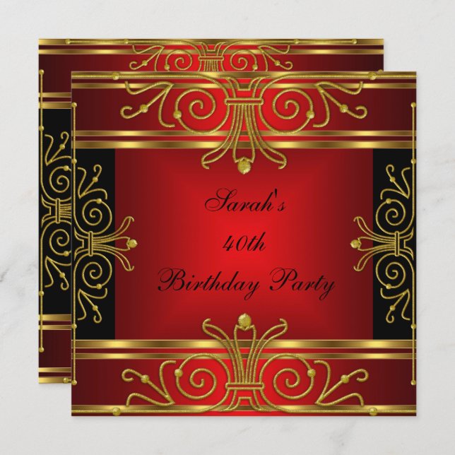 Invitation Elégant 40e anniversaire Rouge Black Gold Art Déco (Devant / Derrière)