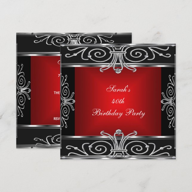 Invitation Elégant 40e anniversaire rouge noir argent Art déc (Devant / Derrière)