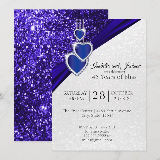 Invitation Élégant 45e ou 65e Saphir Paillettes Anniversaire (Devant / Derrière)