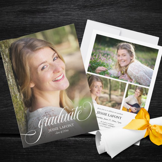 Invitation Élégant 4 photo Calligraphie Script Graduation (Elegant 4 custom photo script callligraphy college graduation invitation )