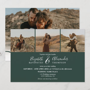 Invitation Elégant 4 Photos moderne script mariage vert