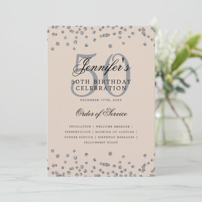 Invitation Elégant 50 Anniversaire Menu Champagne Argent (Debout devant)