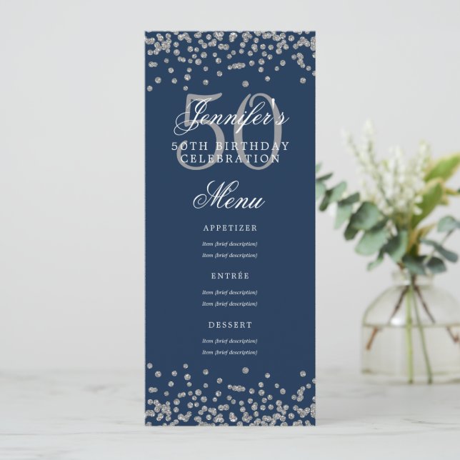 Invitation Elégant 50 Anniversaire Menu Silver Navy Blue Conf (Debout devant)