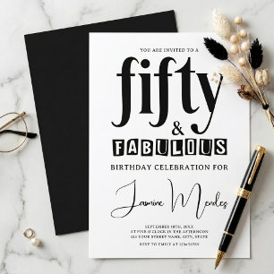 Invitation Élégant 50 ans et fabuleux anniversaire noir et bl