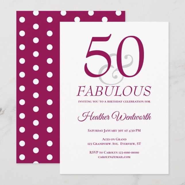Invitation Élégant 50 et Fabuleux 50e Anniversaire Mulberry (Devant / Derrière)