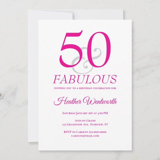 Invitation Élégant 50 et Fabuleux 50e Anniversaire Rose (Devant)