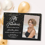 Invitation Elegant 50 et Fabulous Black Gold Parties scintill<br><div class="desc">Famille Invitation et amis à une fête de 50ème anniversaire avec cette invitation élégante et élégante. Il dispose d'une parties scintillant d'or sur un arrière - plan noir et une typographie blanche élégante. vous pouvez facilement remplacer la photo par une de vos propres et customiser les détails.</div>