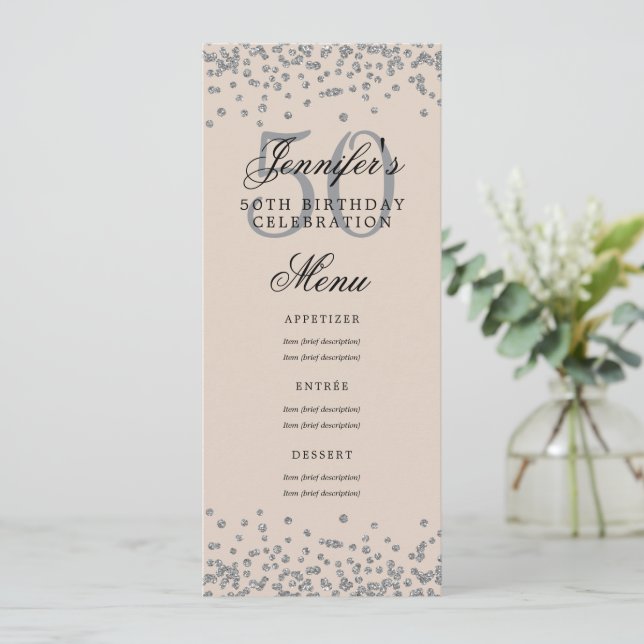Invitation Elégant 50 Menu Anniversaire Champagne Confetti Ar (Debout devant)