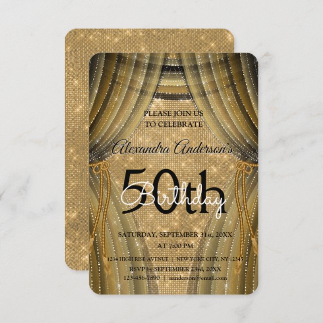 Invitation Élégant 50e anniversaire Black and Gold Sparkle (Devant / Derrière)
