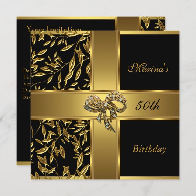 Invitation Elégant 50e anniversaire Black Gold Floral Bow 2 (Devant / Derrière)