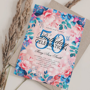 Invitation Élégant 50e anniversaire bleu rose rose floral