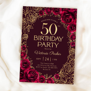Invitation Elégant 50e Anniversaire Bordeaux Or Floral