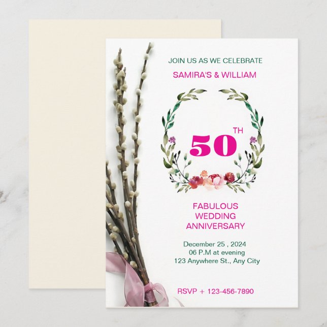 Invitation Élégant 50e anniversaire de fleurs vertes et roses (Devant / Derrière)