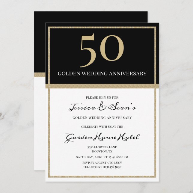 Invitation Élégant 50e anniversaire de Mariage Gold & Black (Devant / Derrière)